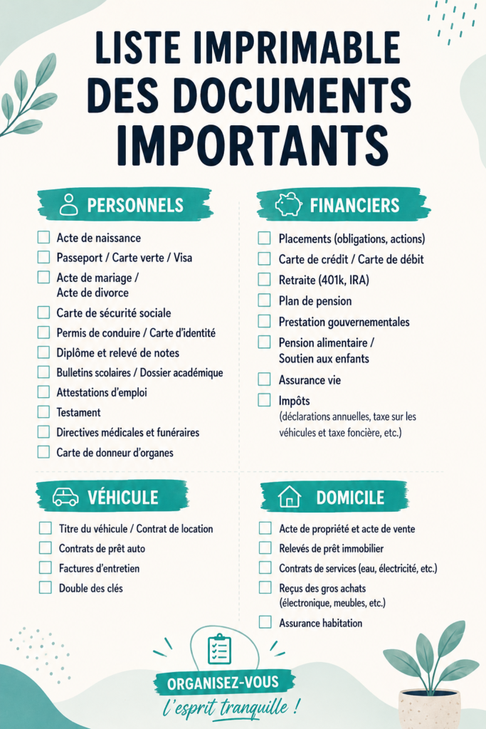 Checklist imprimable pour documents importants sur un bureau