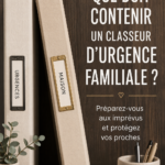 Un classeur d'urgence familial ouvert sur une table, rempli de documents importants.
