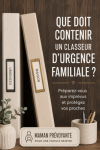 Un classeur d'urgence familial ouvert sur une table, rempli de documents importants.