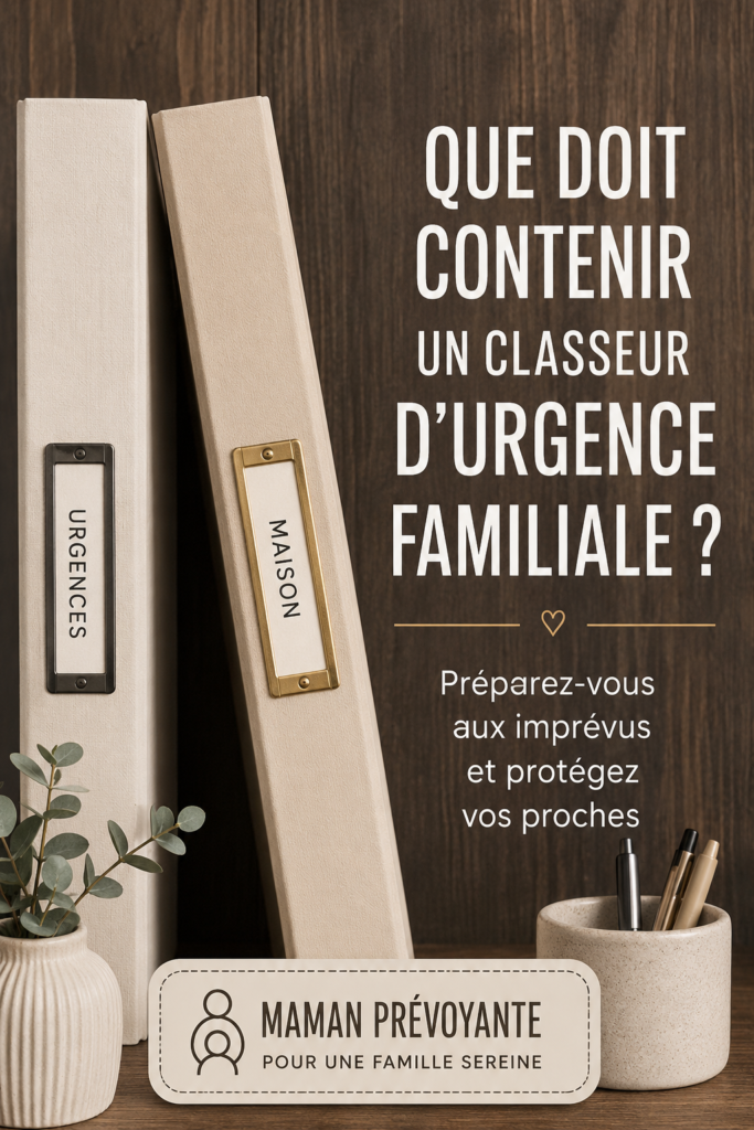 Un classeur d'urgence familial ouvert sur une table, rempli de documents importants.