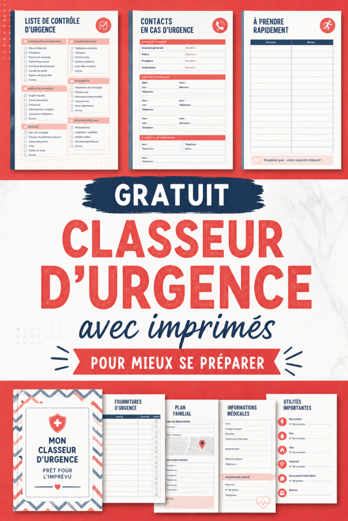 Classeur d'urgence bien rangé avec des documents imprimés.