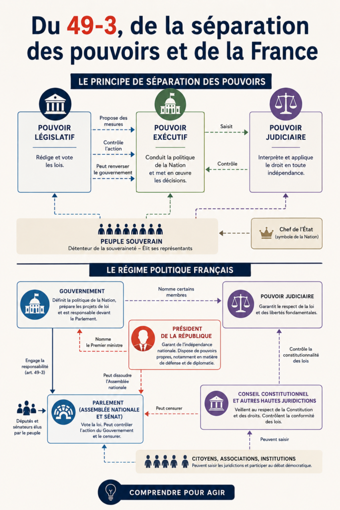 Illustration du concept de séparation des pouvoirs en France avec référence au 49-3.
