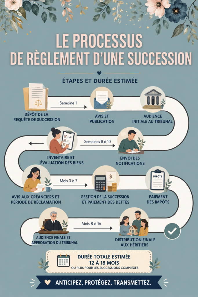 Illustration d'une famille réunie discutant du processus d'héritage