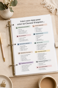 Un classeur d'urgence bien organisé avec des documents divers et des étiquettes faciles à lire.