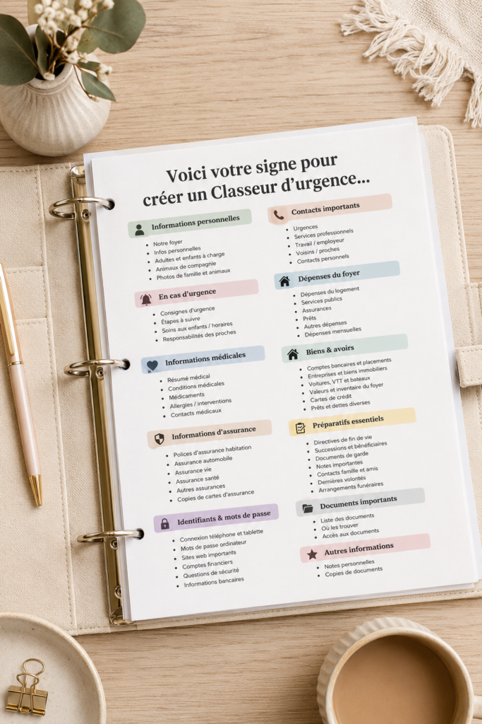 Un classeur d'urgence bien organisé avec des documents divers et des étiquettes faciles à lire.