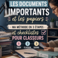 Un bureau bien organisé avec des documents classés dans un classeur coloré