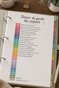 Femme préparant son dossier de garde d'enfant avec des documents et des notes