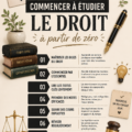 Une étudiante en droit concentrée sur ses livres et ses notes, illustrant le début de son parcours académique.