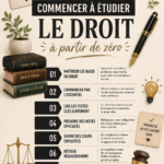 Une étudiante en droit concentrée sur ses livres et ses notes, illustrant le début de son parcours académique.