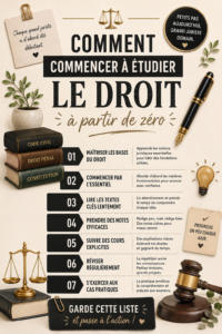 Une étudiante en droit concentrée sur ses livres et ses notes, illustrant le début de son parcours académique.