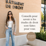 Une femme réfléchissant à son parcours vers l'école de droit.
