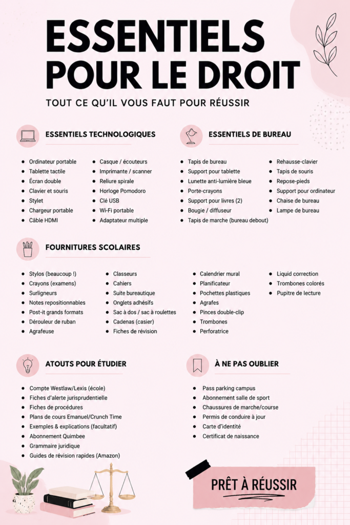 Fournitures scolaires sur un bureau pour l'école de droit