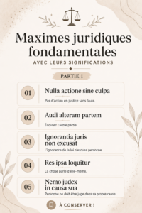 Un livre ouvert avec des notes sur les maximes juridiques essentielles.