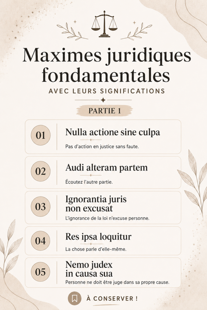 Un livre ouvert avec des notes sur les maximes juridiques essentielles.