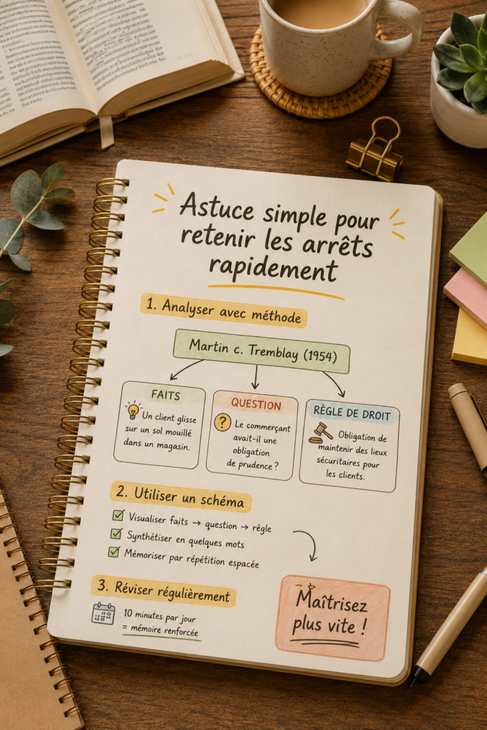 Une étudiante en droit prenant des notes pour mémoriser la jurisprudence