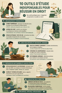 10 outils essentiels pour étudiants en droit sur un bureau