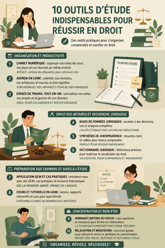 10 outils essentiels pour étudiants en droit sur un bureau
