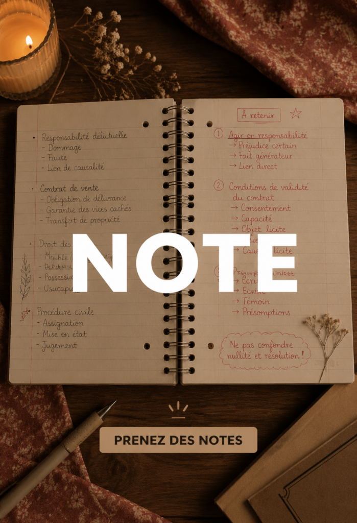 Une étudiante en droit prend des notes sur son bureau, entourée de livres et de matériel scolaire.