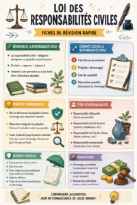 Étudiante en droit révisant pour l'examen de droit des torts avec des notes sur une table.