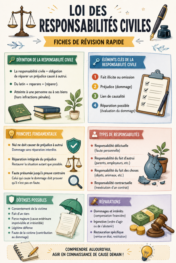 Étudiante en droit révisant pour l'examen de droit des torts avec des notes sur une table.
