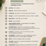 Un livre ouvert avec des termes juridiques écrits, représentant un guide de vocabulaire.