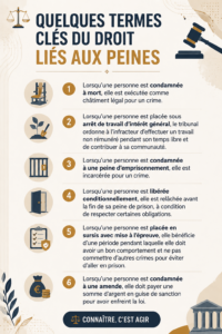Illustration d'un livre de droit avec des termes juridiques liés aux peines