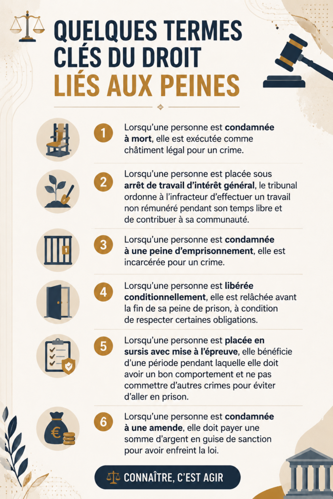 Illustration d'un livre de droit avec des termes juridiques liés aux peines