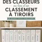 Un bureau bien organisé avec des classeurs colorés.