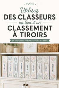 Un bureau bien organisé avec des classeurs colorés.