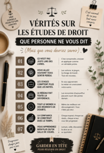 Une étudiante en droit assise à son bureau, entourée de livres d'étude.
