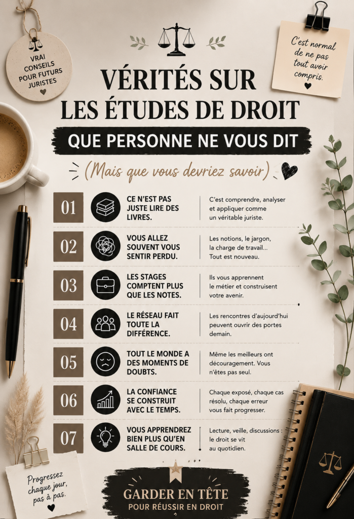 Une étudiante en droit assise à son bureau, entourée de livres d'étude.