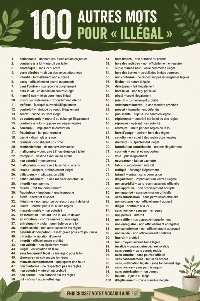 Une liste colorée de mots synonymes pour 'illégal' présentée sur un fond attrayant.