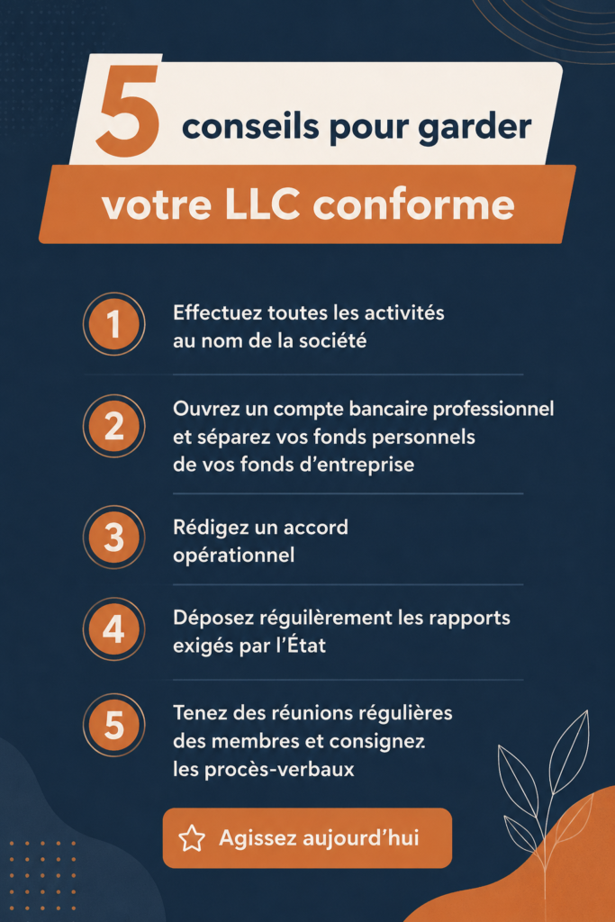 Une femme d'affaires réfléchissant à la conformité de sa LLC, entourée de documents juridiques.