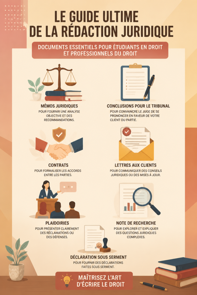 Couverture du guide sur les documents juridiques essentiels pour étudiants et professionnels du droit.