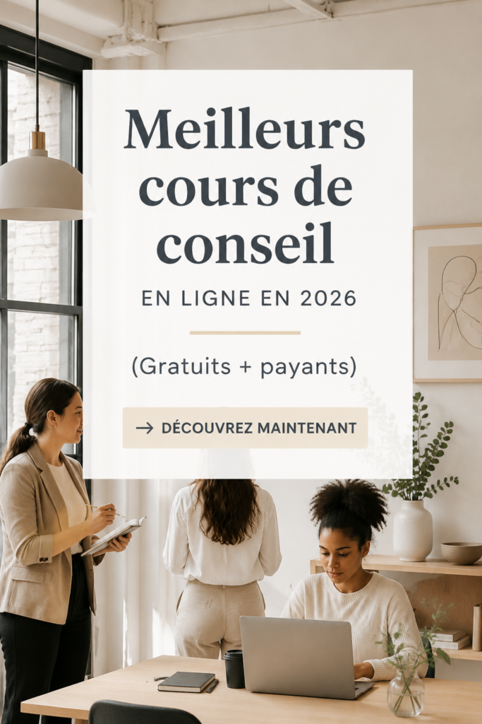 Une femme en train d'apprendre via un cours en ligne sur le consulting, entourée de matériel d'étude et d'un ordinateur portable.