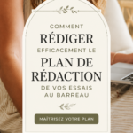 Une personne en train de rédiger un essai pour l'examen du barreau, avec des réflexions sur la structuration des idées.