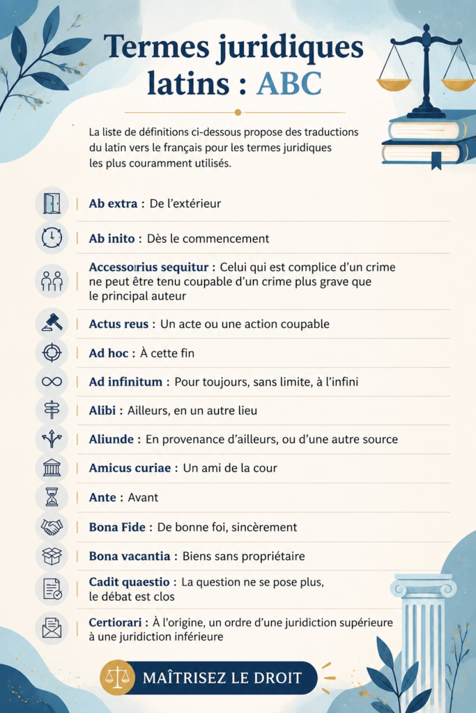 Illustration de mots latins en lien avec le droit exprimés sur un livre ancien.