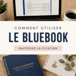 Une femme lisant le Bluebook, concentrée sur ses recherches