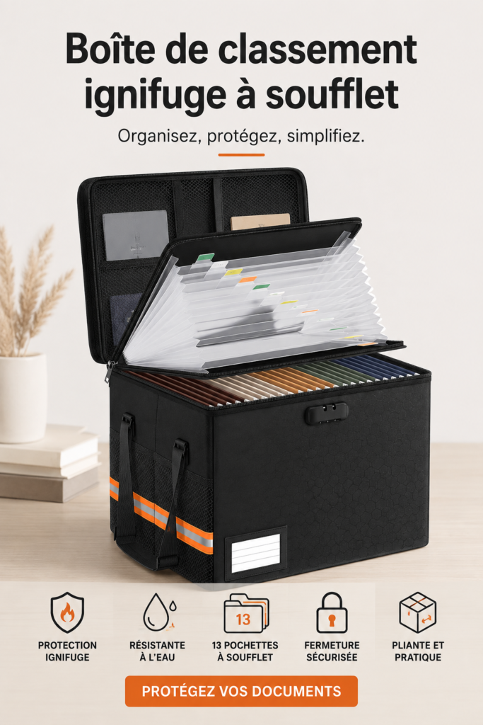 Boîte de rangement ignifugée pour documents en noir, présentée sur une table en bois