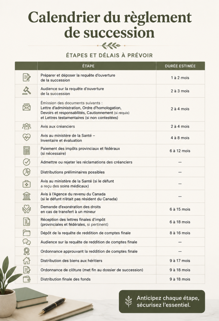 Calendrier de succession et fiducies illustré avec des étapes claires