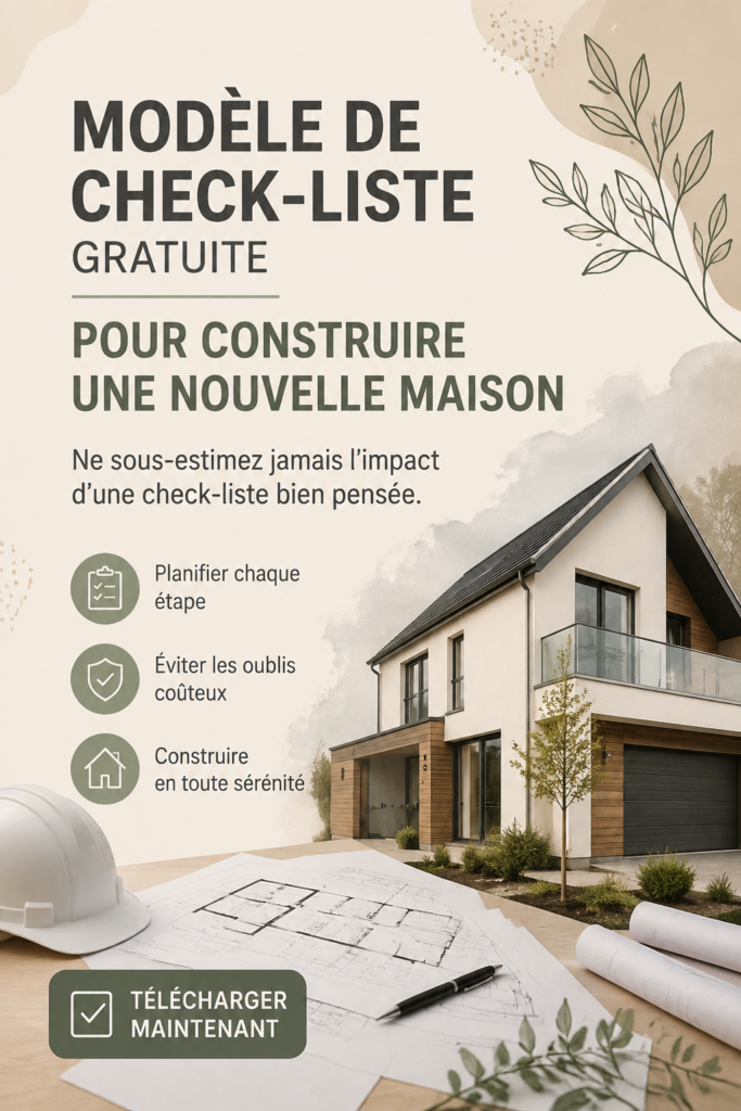Une checklist pour la construction de maison posée sur une table avec des plans en arrière-plan.