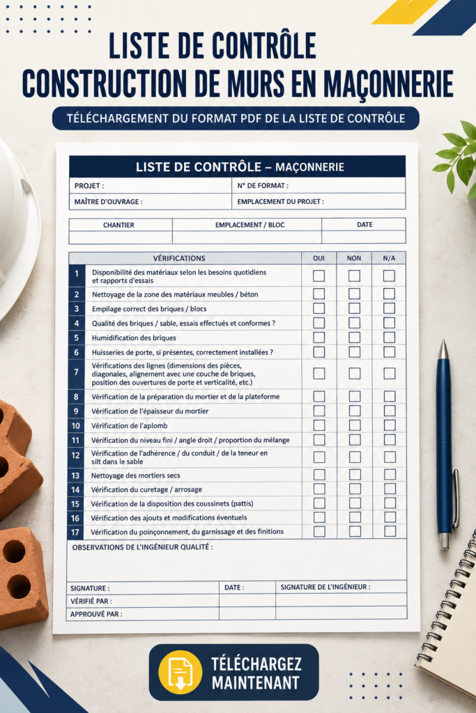 Illustration de la construction d'un mur en briques avec une checklist