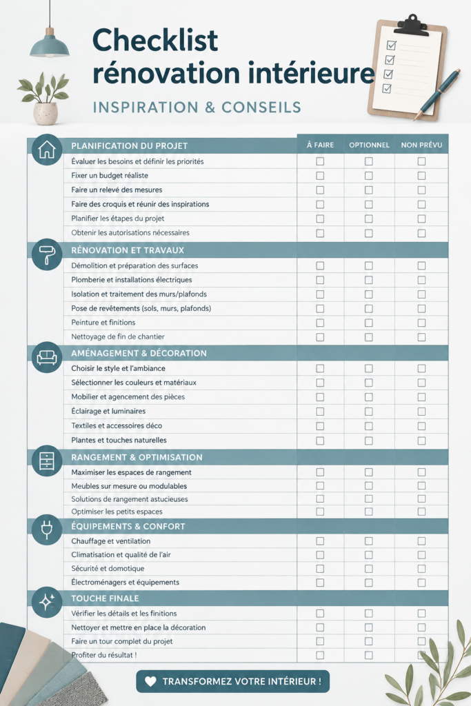 Checklist pratique pour une rénovation intérieure avec des outils et des plans.