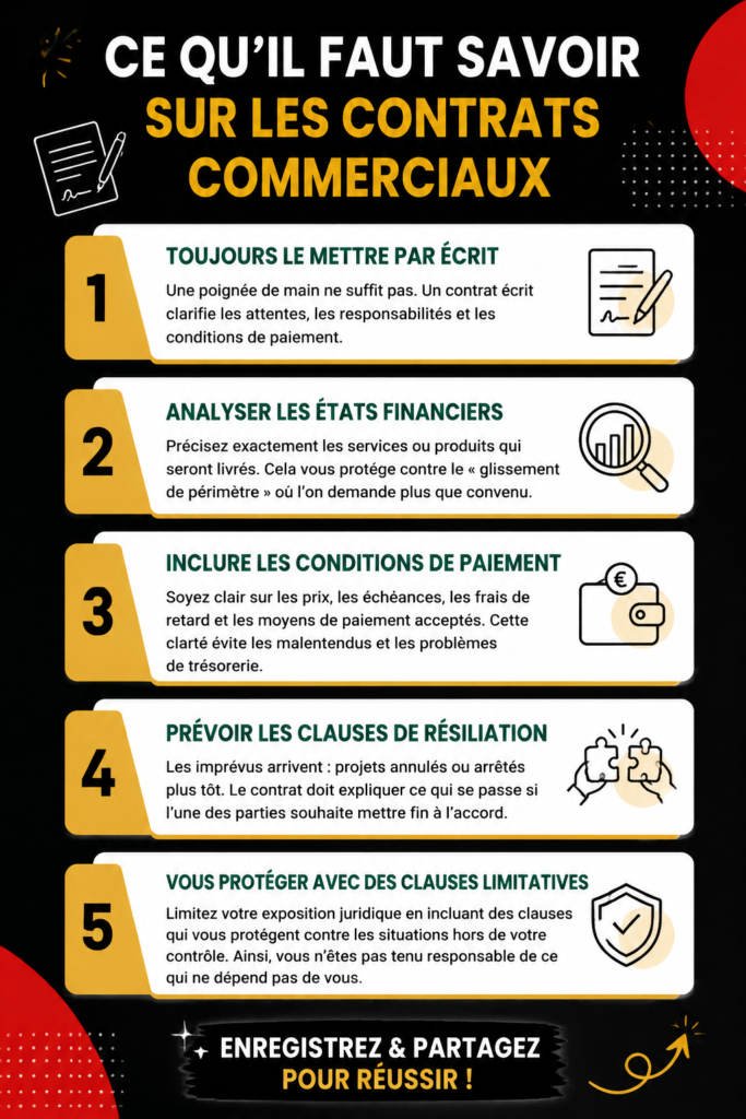 Femme d'affaires examinant un contrat avec un sourire, symbolisant la confiance et la sécurité.