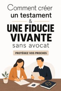 Une femme souriante lisant des documents juridiques liés à un testament et une fiducie.