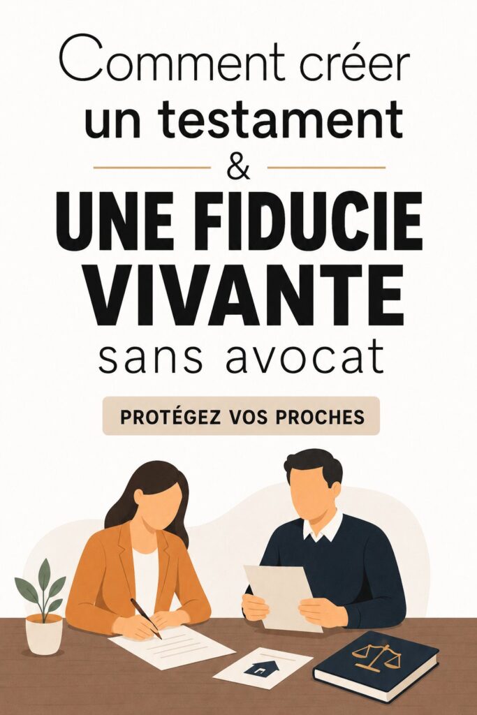 Une femme souriante lisant des documents juridiques liés à un testament et une fiducie.