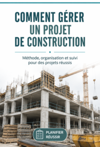 Illustration d'un chantier de construction avec des ouvriers au travail, illustrant la gestion d'un projet de construction.
