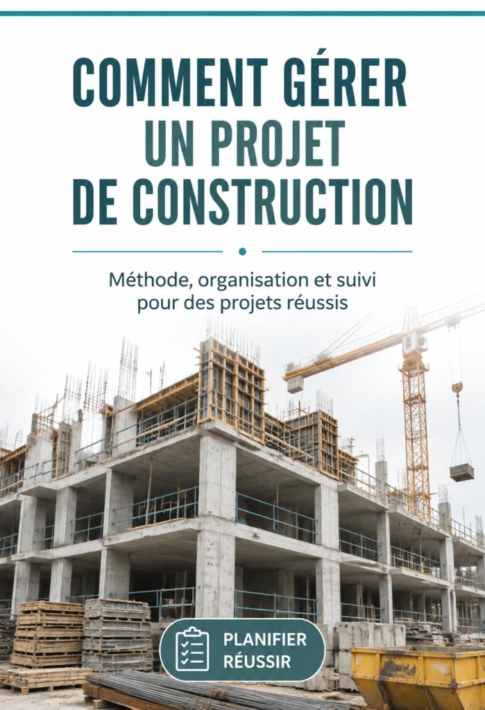 Illustration d'un chantier de construction avec des ouvriers au travail, illustrant la gestion d'un projet de construction.