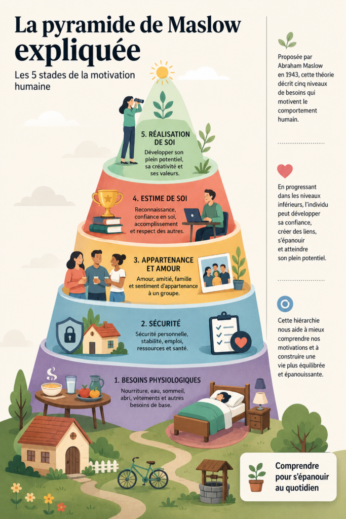 Illustration de la pyramide des besoins de Maslow en psychologie.