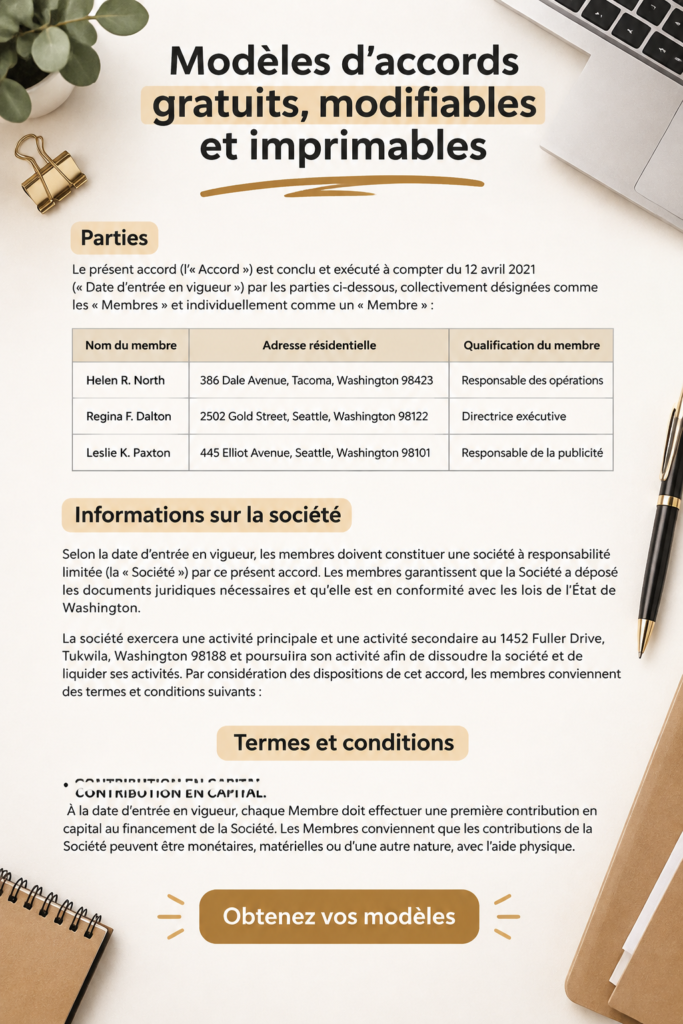 Image de modèles de contrats gratuits à personnaliser et imprimer pour les entreprises et les familles.